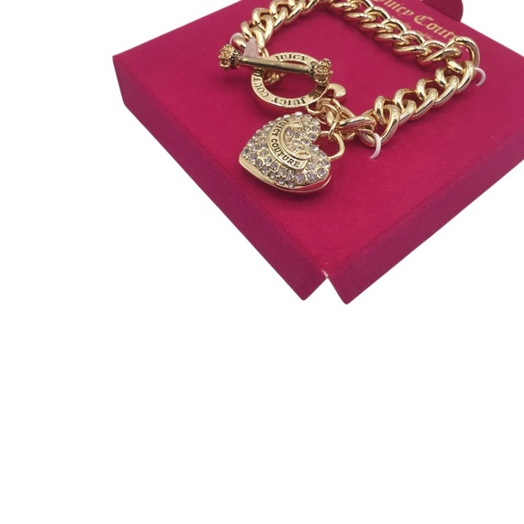 Juicy Couture Gold Chain Bracelet with Rhinestone Heart Charm, Toggle Clasp, Y2K - Picture 7 of 10